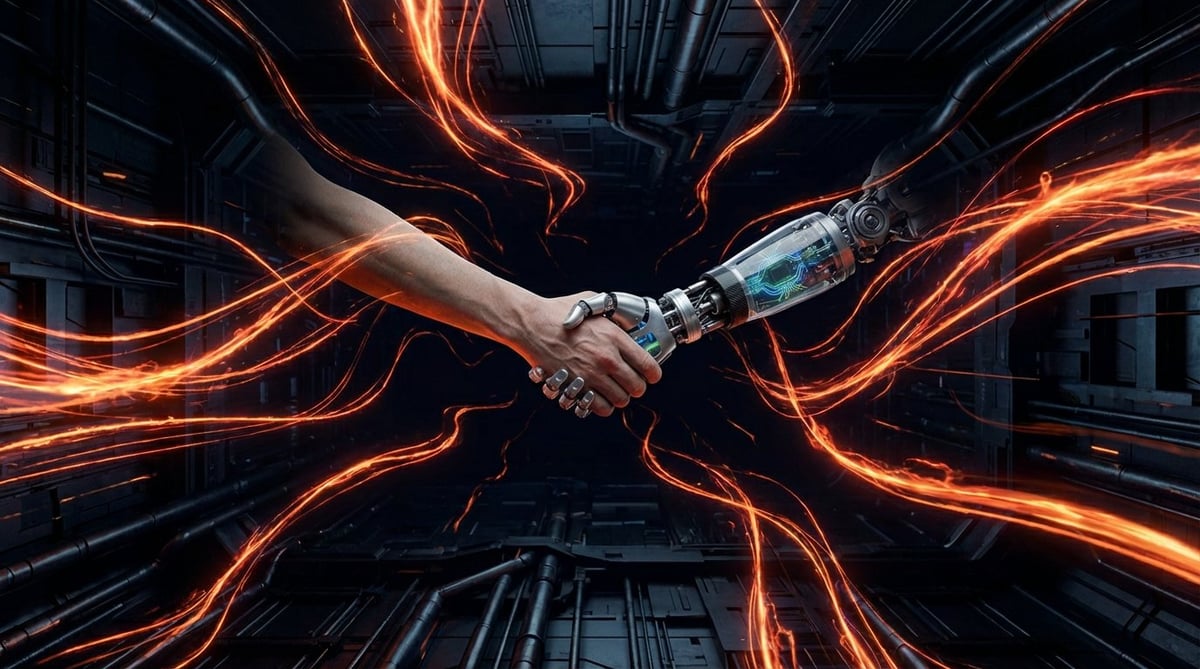 A human hand shaking hands with a robot hand, surrounded by glowing orange energy waves in a digital environment